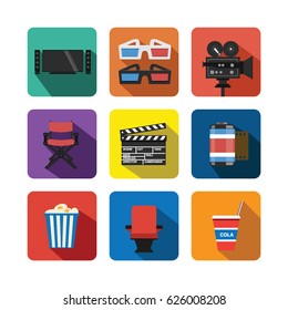 Film icons with shadow. Including: Television, eyeglasses, camera, chair, film roll, popcorn, cinema, cola.