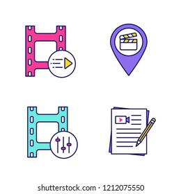 Film industry color icons set. Motion graphics, movie locations, sound mixer, movie scripts. Isolated vector illustrations