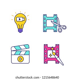 Film industry color icons set. Movie idea, video cutting and editing, filmmaking. Isolated vector illustrations