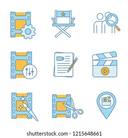 Film industry color icons set. Video settings, director’s chair, audience research, sound mixer, movie scripts, clapperboard, video editing, locations. Isolated vector illustrations