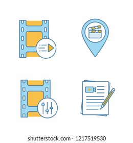 Film industry color icons set. Motion graphics, movie locations, sound mixer, movie scripts. Isolated vector illustrations