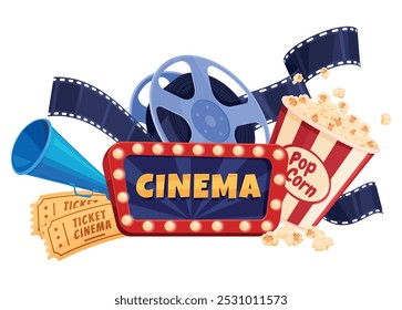 Film industry concept cinema illumination signboard isometric banner vector illustration. Cinematography motion picture premiere movie theater with ticket popcorn reel strip and bullhorn