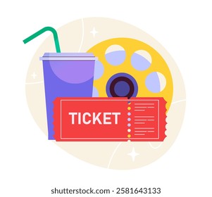 Film industry concept. Large soda, red ticket and film tape reel. Film and TV series production, filmmaking. Entertainment and fun. Poster or banner. Flat vector illustration