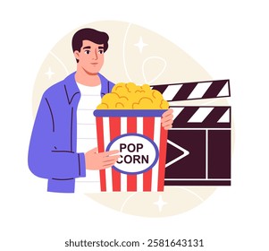 Film industry concept. Man with popcorn near clapperboard. Film and TV series production, filmmaking. Entertainment and fun. Flyer and booklet. Flat vector illustration