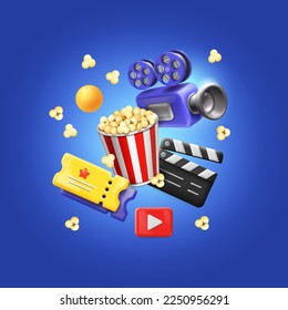 Film industry concept. Film production, cinema elements. Pop corn, ticket, movie camera , clapper board 3d vector