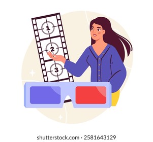 Film industry concept. Woman with 3d glasses near film reel. Film and TV series production, filmmaking. Entertainment and fun. Graphic element for website. Flat vector illustration