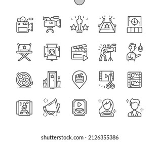 Film Industry. Directors Chair. Camera Operator. Poster Film. Dubbing. Pixel Perfect Vector Thin Line Icons. Simple Minimal Pictogram