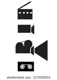 film industry equipment set symbols, camera icon, projector icon, recorder icon, cinema industry icon set