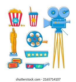 Film industry and filming - flat design style icons set. High quality colorful images of professional camera on a tripod, popcorn and lemonade, cinema tickets, star rating and best performance award