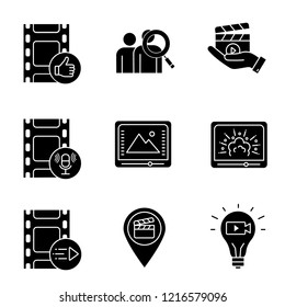 Film industry glyph icons set. Post production, audience, movie release, sound record, color correction, visual effects, animation, locations, idea. Silhouette symbols. Vector isolated illustration