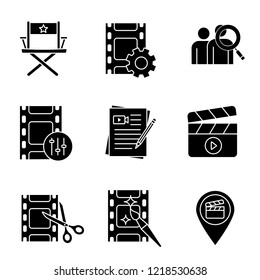 Film industry glyph icons set. Video settings, director's chair, audience research, sound mixer, movie scripts, clapperboard, video editing, locations. Silhouette symbols. Vector isolated illustration