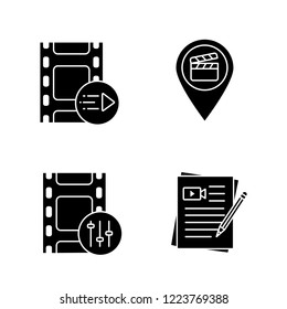 Film industry glyph icons set. Motion graphics, movie locations, sound mixer, movie scripts. Silhouette symbols. Vector isolated illustration