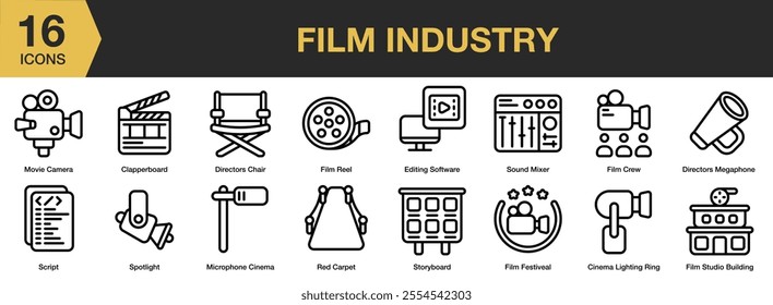 Film Industry icon set. Includes movie camera, clapperboard, chair, reel, mixer, crew, megaphone, and More. Outline icons vector collection.