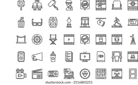 Ícones da indústria cinematográfica Coleção de ícones vetoriais de alta qualidade com traço editável. Ideal para projetos profissionais e criativos.