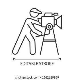 Film Industry Linear Icon. Cinema Business. Cinematography. Show Business. Filmmaking. Video Production. Thin Line Illustration. Contour Symbol. Vector Isolated Outline Drawing. Editable Stroke