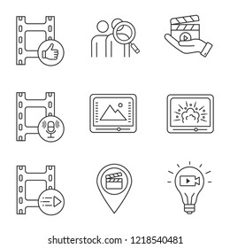 Film industry linear icons set. Post production, audience, movie release, sound record, color correction, visual effects, animation, locations. Isolated vector outline illustrations. Editable stroke