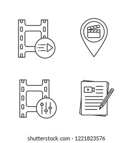 Film industry linear icons set. Motion graphics, movie locations, sound mixer, movie scripts. Thin line contour symbols. Isolated vector outline illustrations. Editable stroke