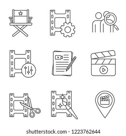 Film industry linear icons set. Video settings, director’s chair, audience research, sound mixer, scripts, clapperboard, video editing, locations. Isolated vector illustrations. Editable stroke