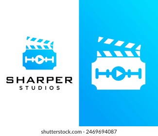 Diseño de logotipo de la industria cinematográfica y afilada navaja.

