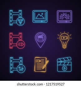 Film industry neon light icons set. Audio record, color correction, visual effects, motion graphics, locations, movie idea, sound mixer, screenplay, clapperboard. Glowing vector isolated illustrations