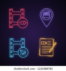 Film industry neon light icons set. Motion graphics, movie locations, sound mixer, movie scripts. Glowing signs. Vector isolated illustrations