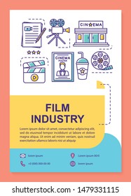 Film industry poster template layout. Cinematography, video production. Banner, booklet, leaflet print design with linear icons. Vector brochure page layouts for magazines, advertising flyers