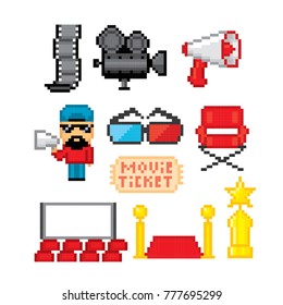 Film industry. Production of films. Cinema. Movie making. Icons set. Pixel art. Old school computer graphic style. Games elements.