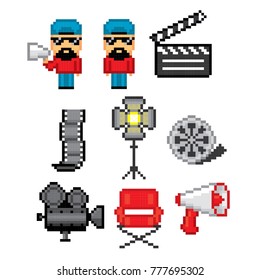 Film industry. Production of films. Cinema. Movie making. Icons set. Pixel art. Old school computer graphic style. Games elements.