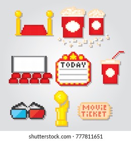 Film industry. Production of films. Cinema. Movie making. Icons set. Pixel art. Old school computer graphic style. Games elements.