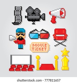Film industry. Production of films. Cinema. Movie making. Icons set. Pixel art. Old school computer graphic style. Games elements.