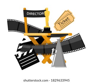 Film industry production object and cinema attribute as loudspeaker megaphone, movie director chair, filmstrip, ticket, clapperboard vector illustration isolated on white background