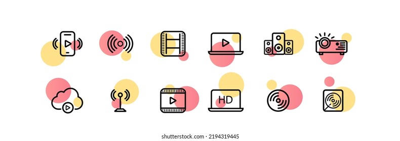 Film industry set icon. Watch video, wifi, cine, laptop, online, series, movie, sound, projector, cloud storage, HD quality, projector. Art concept. Vector line icon for Business and Advertising.