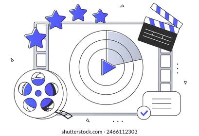 Film industry simple concept. Film reel near clapperboard. Movie and series production. Entertainment, leisure, fun, television. Line art style flat vector illustration on white background