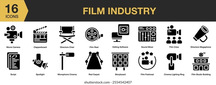 Film Industry solid icon set. Includes movie camera, clapperboard, chair, reel, mixer, crew, megaphone, and More. Solid icons vector collection.