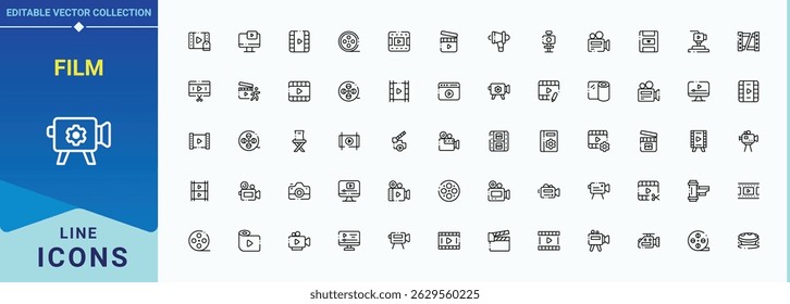Conjunto de ícones da linha de filme. Coleções de vetores minimalistas. Pictogramas de multimídia, vídeo, televisão, cinema, filme, mídia. Arte vetorial e ilustração editáveis. Conjunto de ícones da linha de cinema.