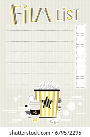Film list. Cute pages for notes. Notebooks,cards, decals, diary, school accessories. Cinema.