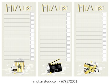 Film list. Cute pages for notes. Notebooks,cards, decals, diary, school accessories. Cinema.