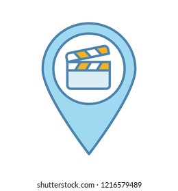Film locations color icon. Movie map. Movie theater location. Film producing places. Map pinpoint with clapper board inside. Isolated vector illustration