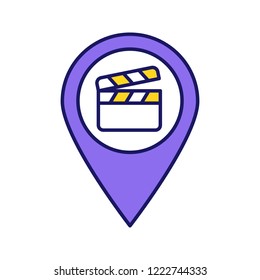 Film locations color icon. Movie map. Movie theater location. Film producing places. Map pinpoint with clapper board inside. Isolated vector illustration