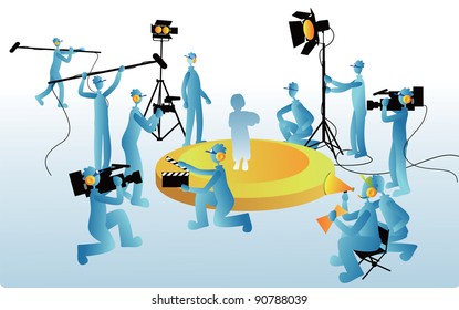 Film Maker and working staff on blue background - at the TV studio and set  for movie films with production crew