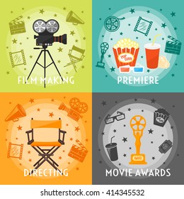 From film making to awards concept with premiere directing movie equipment drinks snacks stars isolated vector illustration  