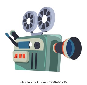 Film making and cinematography, isolated icon of cameras with reels and cassettes. Movies production industry, equipment with lens and buttons for recording and pausing. Vector in flat style