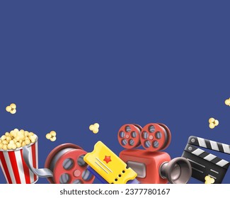 Film making concept. Cinema poster template with popcorn bowl, film strip and clapper board. 3d vector. Video clip production. vector illustration