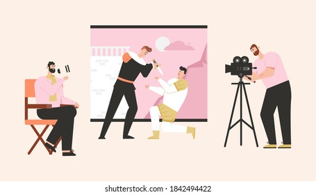 Film making historical scene dramatic duel scene of knights actors. Operator shooting video, director with megaphone manages process. Vector character illustration of movie production, cinematography