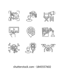 Film making process linear icons set. Theatrical prop for historical drama. Producer for movie project. Customizable thin line contour symbols. Isolated vector outline illustrations. Editable stroke