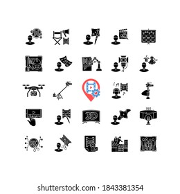 Film making process and staff black glyph icons set on white space. Art director. AI written screenplay. Hollywood actor. Theatrical props. Silhouette symbols. Vector isolated illustration