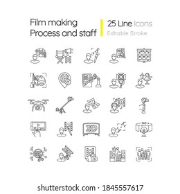 Film making process and staff linear icons set. Art director. AI written screenplay. Hollywood actor. Customizable thin line contour symbols. Isolated vector outline illustrations. Editable stroke