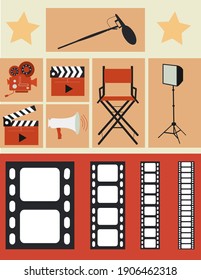 Film Making And Film Production Icons Editable Vector Illustration Eps Design Contains Folding Directors Chair Light Stand Open Clapper Board Boom Pole Shotgun Mic Camera Loudspeaker Mic For Studio