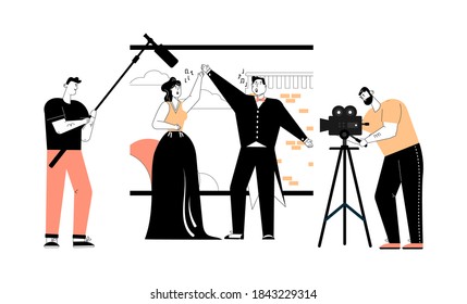 Film making scene with actors singing song. Operators shooting video, recording audio. Musical movie or opera production concept. Vector character linear illustration of cinematography industry