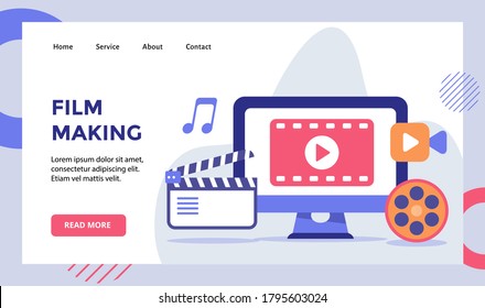 Film Making Video On Computer Screen Campaign For Web Website Home Homepage Landing Page Template Banner With Modern Flat Style